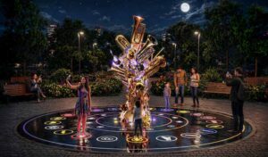 Interactive art installation “Orchestra” composed of illuminated musical instruments, installed on a circular площадке, where visitors interact with the object in an evening park.