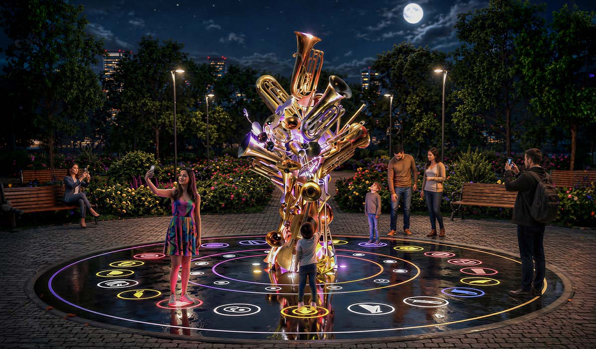 “Orkestr” nomli interaktiv art-installyatsiya — yoritilgan musiqiy asboblardan tashkil topgan kompozitsiya, dumaloq maydon markazida o‘rnatilgan bo‘lib, tashrif buyuruvchilar kechki parkda obyekt bilan o‘zaro aloqada bo‘ladi.