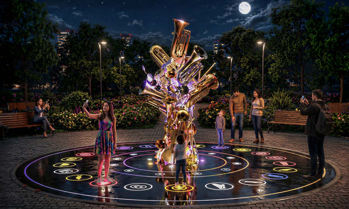 Night version of the installation “Orchestra”: an illuminated composition of wind instruments on an interactive platform with colored pictograms in an urban park.