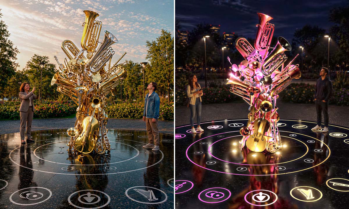 “Orchestra” installation shown in daytime and nighttime modes, featuring a brass instrument sculpture on an interactive circular platform.