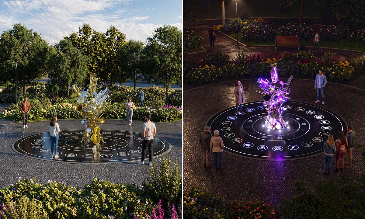 Dual-mode presentation of the “Orchestra” installation, highlighting reflective surfaces by day and vibrant light effects after sunset.
