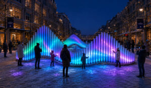 An art installation made of pipes glows like a wave in the evening, and there are people around.