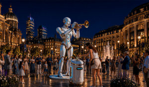 A robot plays the trumpet in the evening in a large square amidst a crowd of people.