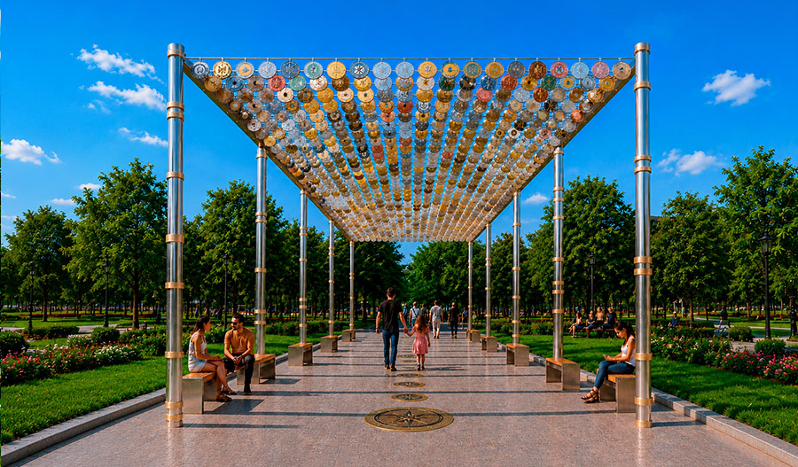 A kinetic art installation made of coins from around the world in the park