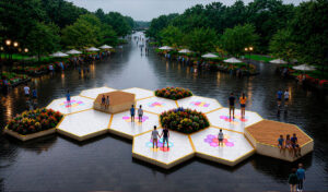 interactive honeycomb platform in the park after rain