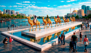 The art installation of camels on a platform symbolizes the Silk Road.