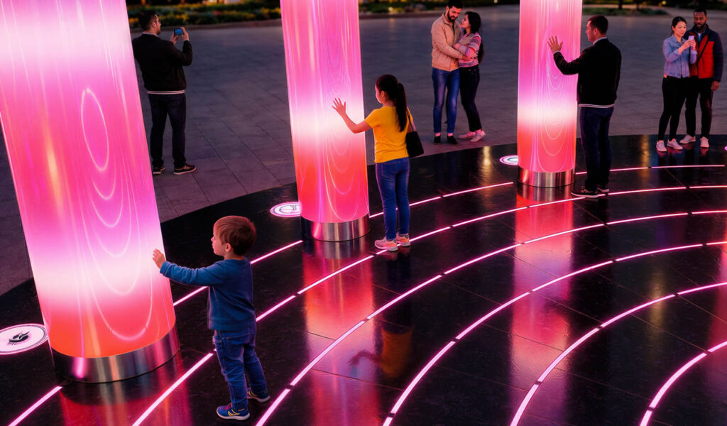 Interactive light installation featuring tall illuminated columns and circular LED lighting, where visitors engage with the objects in an urban setting at night.