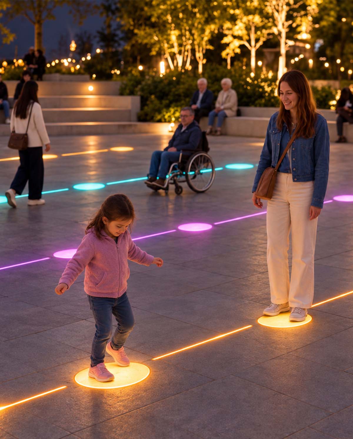 Interactive light playground with multicolored LED lines and illuminated buttons embedded in the surface, where children and adults play and interact with light in an evening urban park.